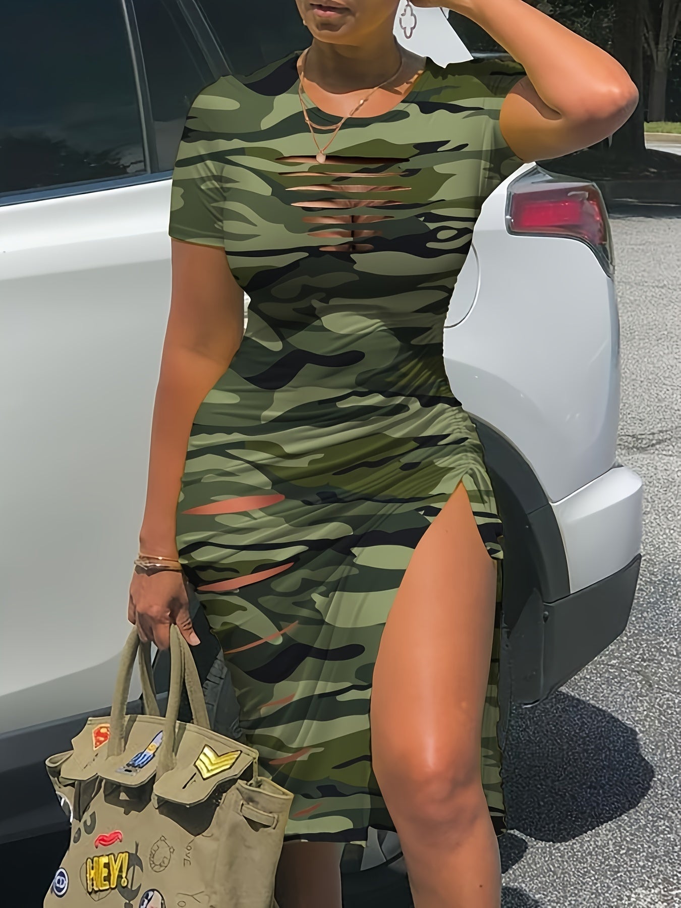 Sexy Camo Bodycon Dress - Crew Neck, Short Sleeve, Mid Elasticity, Polyester, Machine Washable, Random Printing, All-Season, Knit Fabric - Perfect for Spring & Summer, Young Womens Clothing